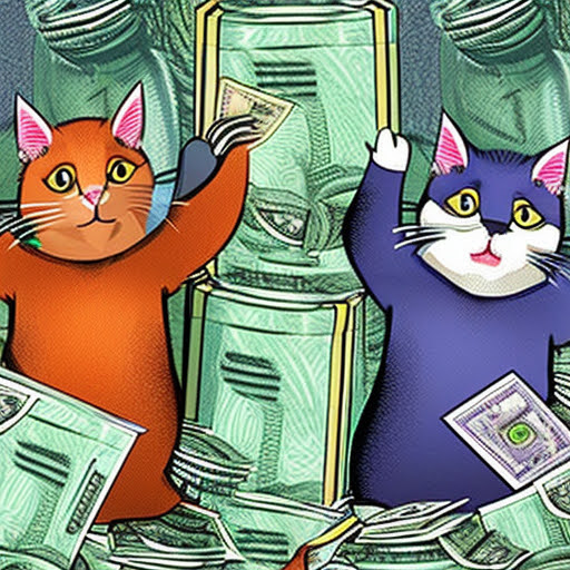 Cats sitting on top of bags full of money generated by Stable Diffusion v2.0